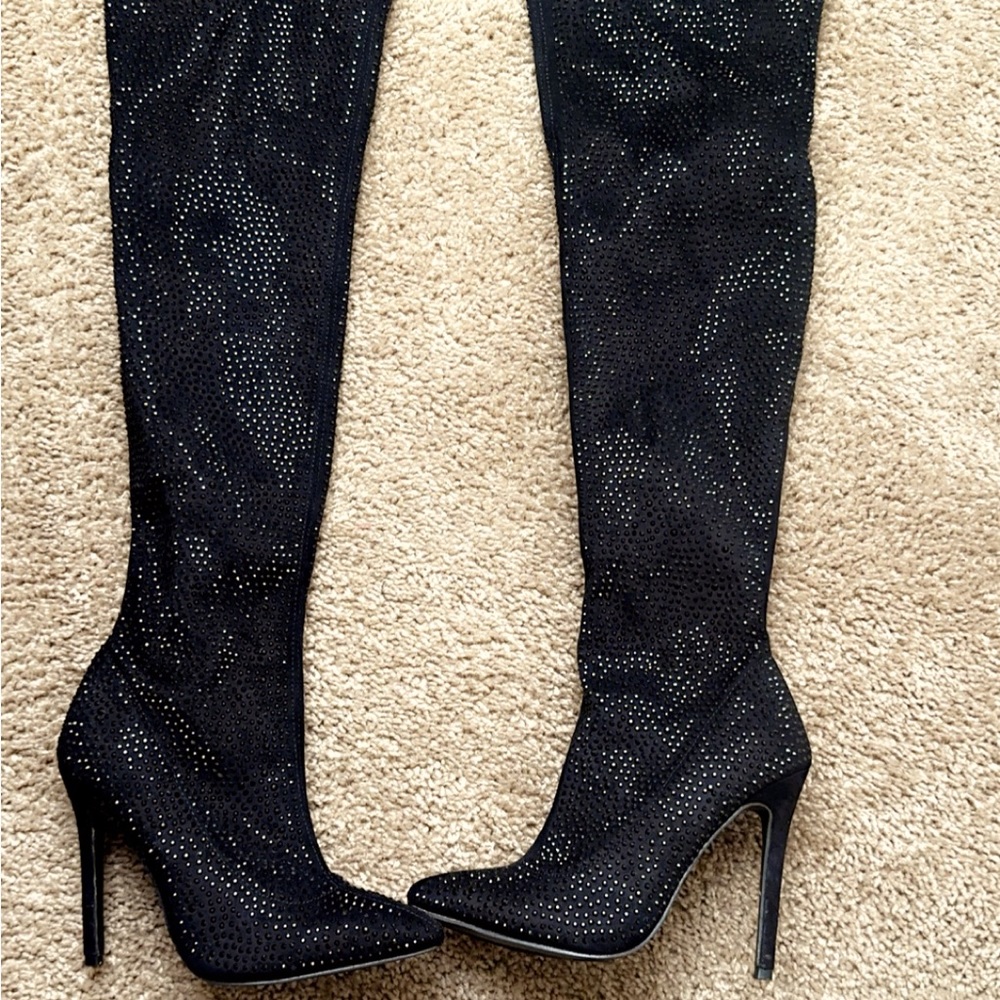 Black rhinestones studded thigh high boots
